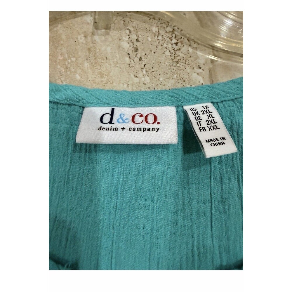 d&co Denim & Company Women’s 1X Turquoise Boho Peasant Blouse - Picture 12 of 12